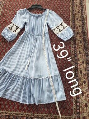 Lapis Boho Striped Off-Shoulder Midi Dress with Crochet Lace & Tassels Small